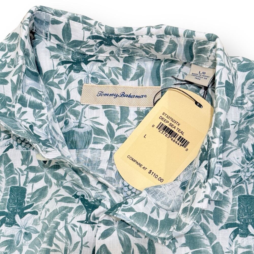 NWT Tommy Bahama Mens L Deep Sea Teal Cotton Tropical Pineapple Print Camp Shirt - Picture 3 of 9